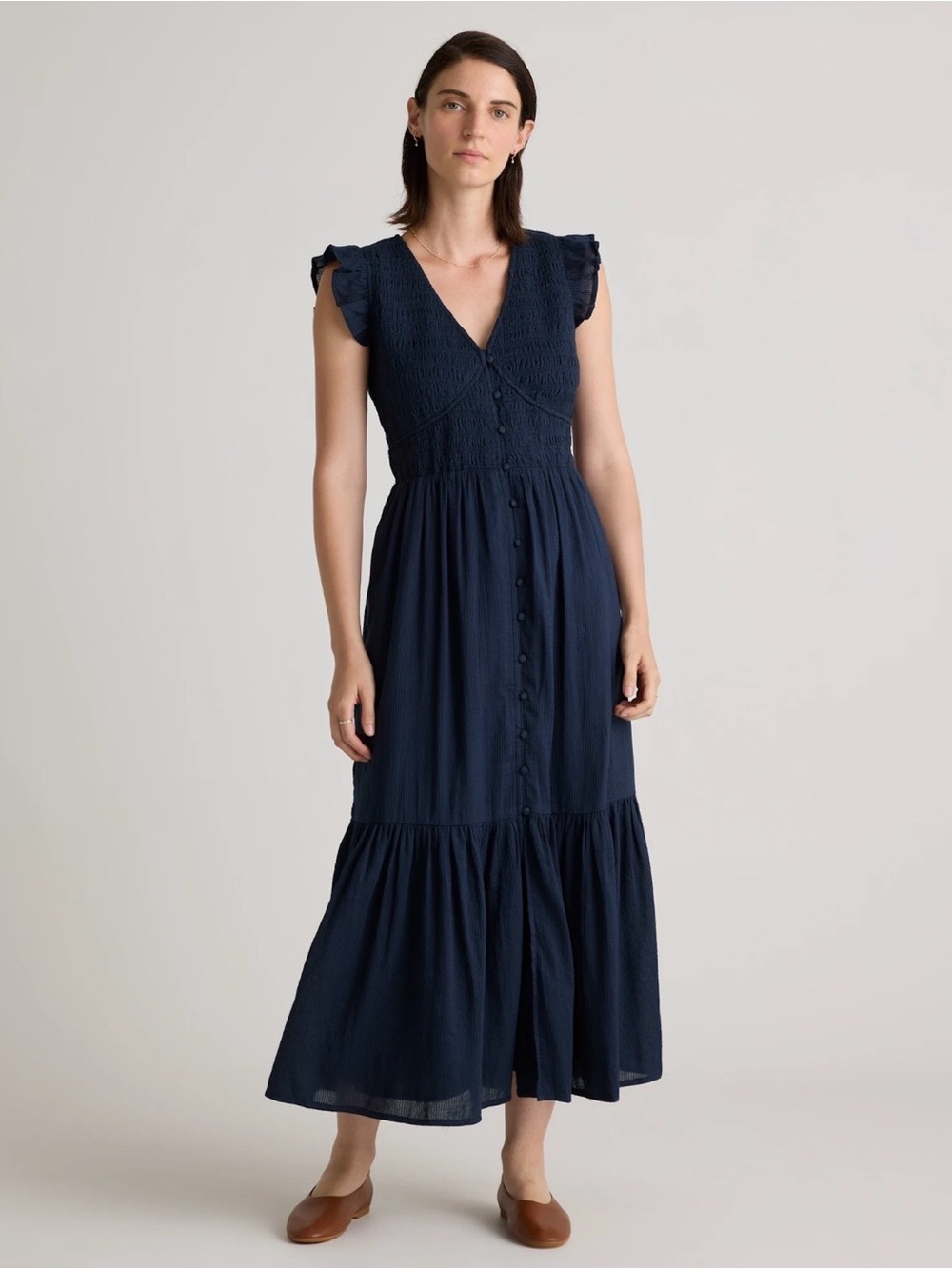 Quince Navy Button-Front Maxi Dress with Ruffle Cap Sleeves